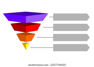 Infografische Darstellung von violett mit gelben, orangefarbenen und roten Dreiecken, geteilter Platz für Text, Invertierte Pyramidenform aus vier Schichten, um Geschäftsideen oder Diskrepanzen vorzustellen