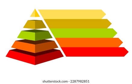 Infographic illustration of red with orange with yellow and green triangles divided and cut into five and space for text, Pyramid shape made of five layers for presenting business ideas or disparity 