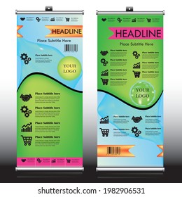 Infographic illustration of Rollup banner design, standard roll up banner with colorful blue green shaded artistic layout. CMYK color rollup banner template with dummy text, mockup and, dummy icons 