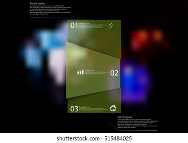 Infographic illustration template with shape of bar randomly divided to three parts with green semi-transparent color. Background is blurred photo with game color dices motif.