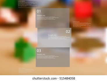 Infographic illustration template with shape of bar horizontally divided to three parts with grey semi-transparent color. Background is blurred photo with financial and money motif.