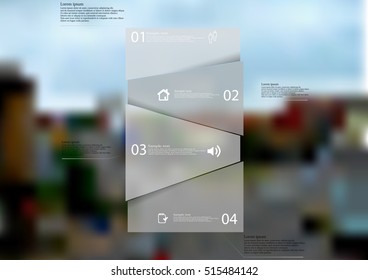 Infographic illustration template with shape of bar randomly divided to four parts with grey semi-transparent color. Background is blurred photo with crossroad in the city motif.