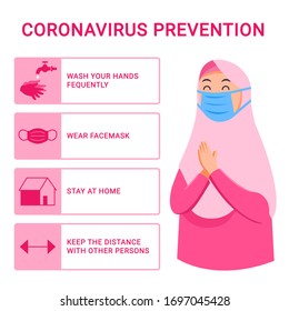 Infographic illustration tips of moslem girl preventing from flu spread.