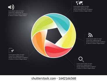 Infographic illustration vector template with motif of circle divided to five color parts. Each section is joined with sign and sample text. Background is dark black.