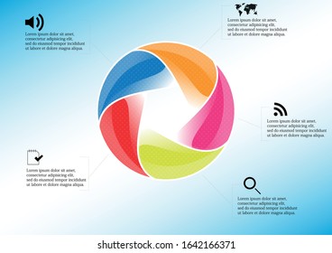 Infographic illustration vector template with motif of circle divided to five color parts. Each section is joined with sign and sample text. Background is light blue.