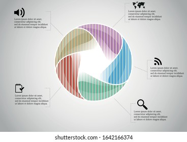 Infographic illustration vector template with motif of circle divided to five color parts. Each section is joined with sign and sample text. Background is light grey.