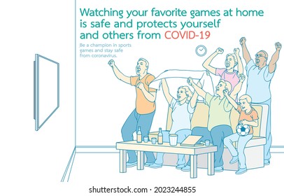 Infographic illustration of watching your favorite games at home is safe, protects yourself, others from COVID-19, Be champion in sports, stay safe, Coronavirus outbreak concept. Vector Illustration.