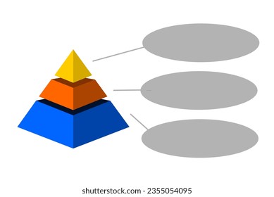 Infografik der gelben und blauen Dreiecke, unterteilt und in drei Teile geschnitten, Raum für Text, Pyramid-Form aus drei Schichten, um Geschäftsideen oder Diskrepanzen und statistische Daten zu präsentieren