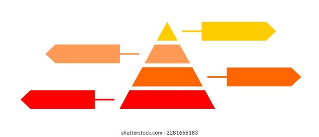 Infographic illustration of yellow and red triangles divided and cut into thirds and space for text, Pyramid shape made of four layers for presenting business ideas or disparity and statistical data