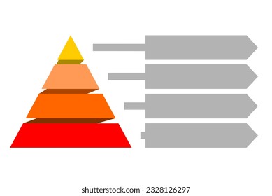 Ilustración infográfica de triángulos amarillos y rojos divididos y cortados en tercios y espacio para texto, forma de pirámide de cuatro capas para presentar ideas de negocio o disparidad y datos estadísticos