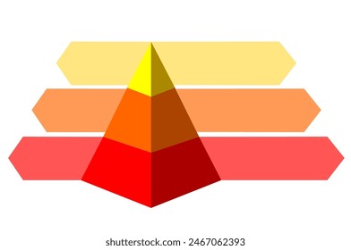 Infographic illustration of yellow and red triangles divided and cut into thirds and space for text, Pyramid shape made of three layers for presenting business ideas or disparity and statistical data