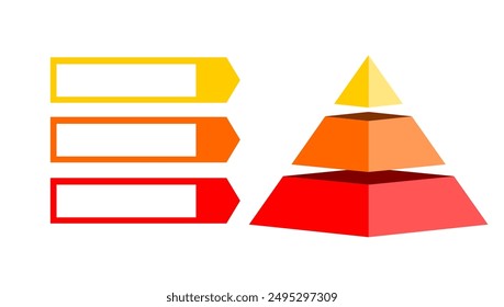 Ilustración infográfica de triángulos amarillos y rojos divididos y cortados en tercios y espacio para texto, forma piramidal hecha de tres capas para presentar ideas de negocios o disparidad y datos estadísticos