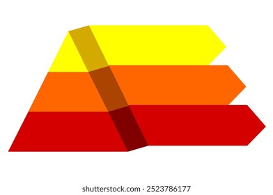 Ilustración infográfica de triángulos amarillos y rojos divididos y cortados en tercios y espacio para texto, forma de pirámide hecha de tres capas para presentar ideas de negocios o disparidad y datos estadísticos