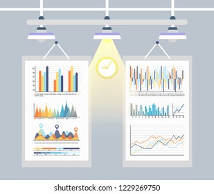 Infographic and infocharts , business charts set vector. Information and analysis of data, results in visual graphics and schemes at light of lamps