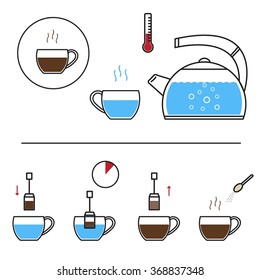 Infographic instructions of brewing tea. Manual step with design elements. Vector illustration.