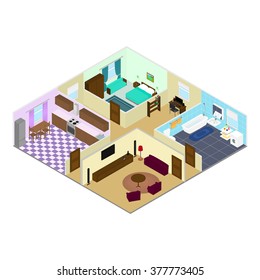 Infographic. The interior of the rooms inside the house in the isometric. Bathroom, kitchen, living room, bedroom. a Desk with a computer.