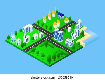 Infographic Isometric 3D ciyt Model Vector Illustration, 3D high-rise matrix illustration of a city consisting of houses, buildings, trees, and streets.

