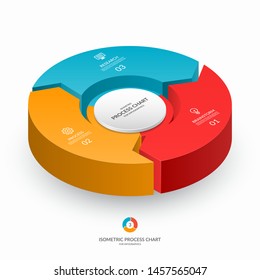 Infographic isometric 3d process chart. Cycle diagram with 3 stages, options, parts. Can be used for report, business analytics, data visualization and presentation.