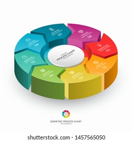 Infographic isometric 3d process chart. Cycle diagram with 8 stages, options, parts. Can be used for report, business analytics, data visualization and presentation.