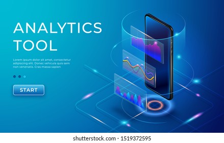 Infographic with isometric 3d vector phone. Marketing diagrams and charts on smartphone. Monitoring analysis, visualization data