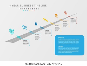 plantilla de línea de tiempo de negocios isométrica infográfica de 6 años camino con número centro derecho con línea de círculo y flecha icono izquierdo marco azul con letra derecha en fondo de gradiente gris