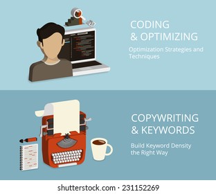 Infographic isometric concept process of coding and copywriting as a part of SEO
