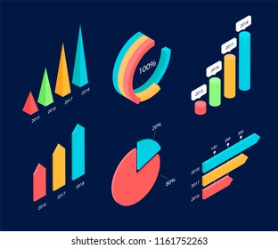 Infographic isometric elements. Templates of colorful graphs and diagrams, information data statistic and analysis. Template for presentation, report design, landing page. Vector illustration.