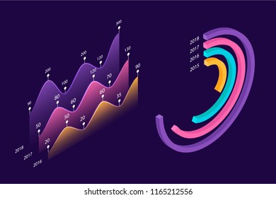 Infographic isometric elements. Templates of colorful graphs and diagram, information data statistic and analysis. Template for presentation, report design, landing page. Vector illustration.