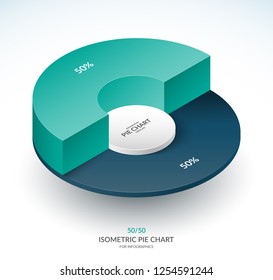 Infographic Isometric Pie Chart Circle. Share Of 50 And 50 Percent. Vector Template.