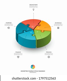 Infographic isometric puzzle circular template. Cycle diagram with 5 steps, pieces, parts. 3d process chart that can be used for report, business analytics, data visualization and presentation.