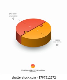 Infographic isometric puzzle circular template. Cycle diagram with 2 steps, pieces, parts. 3d process chart that can be used for report, business analytics, data visualization and presentation.