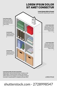 Infografía de estantes isométricos con decoración de libros y objetos. Ilustración vectorial