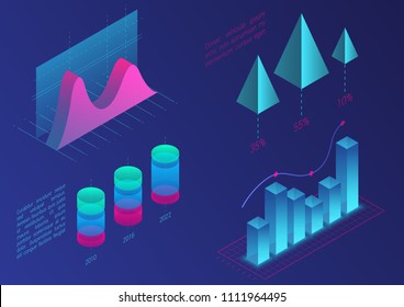Infographic isometric vector graph elements. Data and business financial diagrams graphs. Statistic data. Gradient color template schedule, graph, chart, timetable, diagram 3d isometric design.