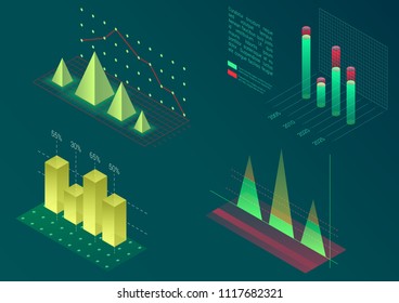 Infographic isometric vector graph elements. Data and business financial diagrams graphs. Statistic data, schedule, graph, chart, timetable, diagram 3d isometric design.