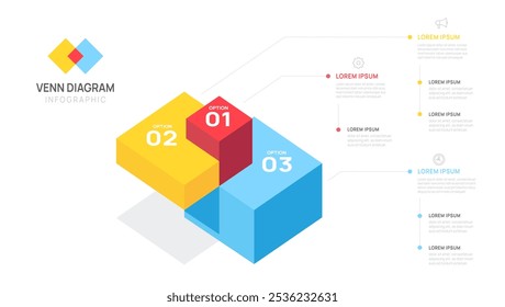 Modelo de gráfico de diagrama de Venn isométrico infográfico para ilustração de vetor de 3 etapas de negócios.