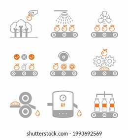 Infographic juice manufacture process. Orange juice production process stages. Washing, sorting, crushing, pasteurization, packaging bottles with juice.Factory producing orange juice flat illustration