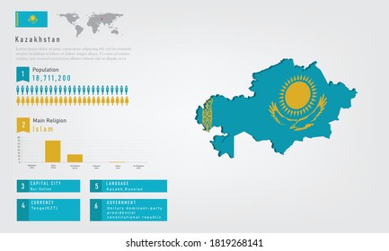 Infographic of Kazakhstan map there is flag and population, religion chart and capital government currency and language, vector illustration