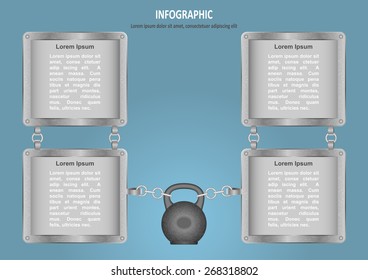 Infographic with kettle bell, chain and 4 options. Vector illustration for banner, number options, web design, documents, posters and banners