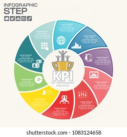 Infographic KPI concept with marketing icons. Key Performance Indicator can be used for workflow layout, diagram, report, web design. Business steps or processes concept with options.