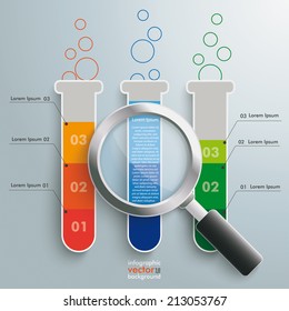 Infographic with lab tubes and loupe on the grey background. Eps 10 vector file.