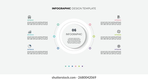 design de rótulo infográfico com design de modelo de infográfico circular e 6 opções ou etapas. Pode ser usado para diagrama de processo, apresentações, layout de fluxo de trabalho, banner, fluxograma, gráfico de informações.