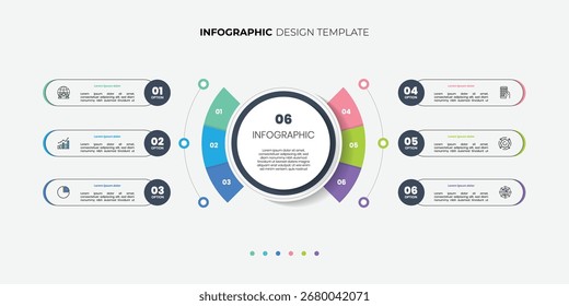 design de rótulo infográfico com design de modelo de infográfico circular e 6 opções ou etapas. Pode ser usado para diagrama de processo, apresentações, layout de fluxo de trabalho, banner, fluxograma, gráfico de informações.