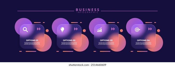 Infographic label design template featuring icons and four distinct steps. Ideal for process charts, presentation slides, workflow schemes, banners, flow diagrams, and data visualizations.