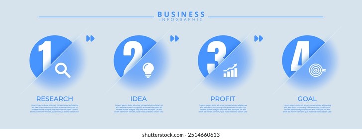 Infographic label design template featuring icons and four distinct steps. Ideal for process charts, presentation slides, workflow schemes, banners, flow diagrams, and data visualizations.