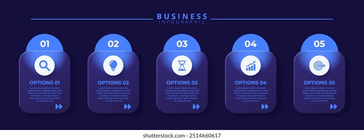 Plantilla de diseño de etiquetas infográficas con iconos y cinco pasos distintos. Ideal para gráficos de procesos, diapositivas de presentaciones, esquemas de flujo de trabajo, Anuncios, diagramas de flujo y visualizaciones de datos.