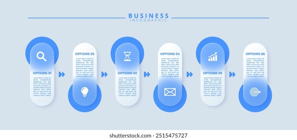 Infographic label design template featuring icons and six distinct steps. Ideal for process charts, presentation slides, workflow schemes, banners, flow diagrams, and data visualizations.