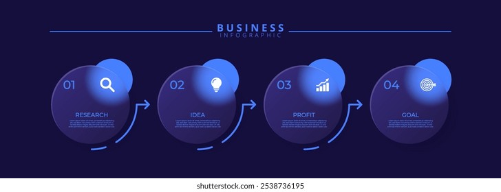 Infographic label design template featuring icons and four distinct steps. Ideal for process charts, presentation slides, workflow schemes, banners, flow diagrams, and data visualizations.