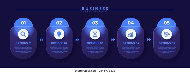 Infographic label design template featuring icons and five distinct steps. Ideal for process charts, presentation slides, workflow schemes, banners, flow diagrams, and data visualizations.