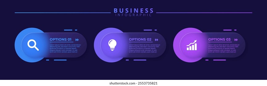 Infographic label design template featuring icons and three distinct steps. Ideal for process charts, presentation slides, workflow schemes, banners, flow diagrams, and data visualizations.