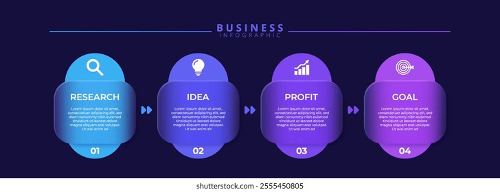 Infographic label design template featuring icons and four distinct steps. Ideal for process charts, presentation slides, workflow schemes, banners, flow diagrams, and data visualizations.